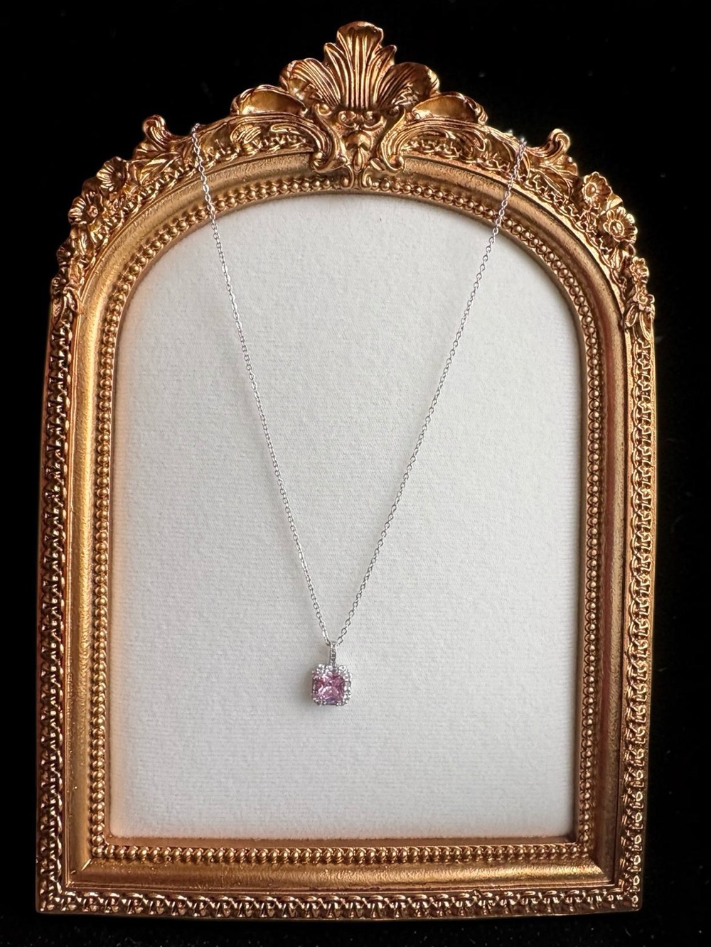Stainless Steel Silver Pink Cushion Crystal Pendant Necklace